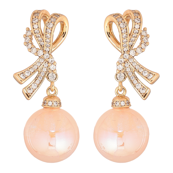 Серьги Xuping Позолота 18K пусеты Банты с персиковыми перламутровыми шариками фото №4 Серьги Xuping Позолота 18K пусеты Банты с персиковыми перламутровыми шариками фото №4