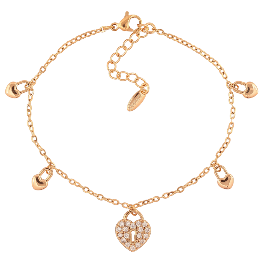 Браслет Xuping Позолота 18K Цепочка с подвесками сердечками-замочками размер с доп. цепочкой 17-20,5см х 2мм фото №1 Браслет Xuping Позолота 18K Цепочка с подвесками сердечками-замочками размер с доп. цепочкой 17-20,5см х 2мм фото №1