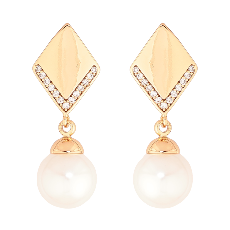 Серьги Xuping Позолота 18K пусеты Ромбы с жемчужными подвесками фото №1 Серьги Xuping Позолота 18K пусеты Ромбы с жемчужными подвесками фото №1