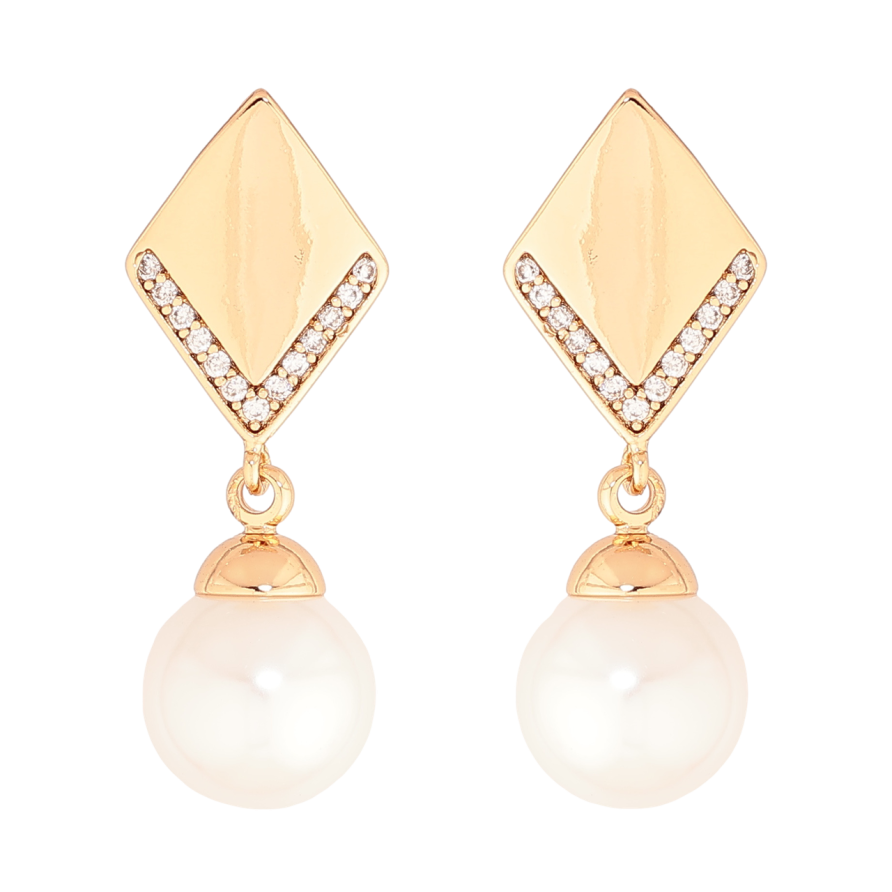 Серьги Xuping Позолота 18K пусеты Ромбы с жемчужными подвесками фото №1 Серьги Xuping Позолота 18K пусеты Ромбы с жемчужными подвесками фото №1