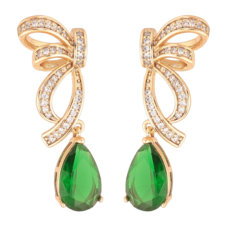 Серьги Xuping Цвет Позолота 18K пусеты Банты с зелеными кристальными капельками фото №5