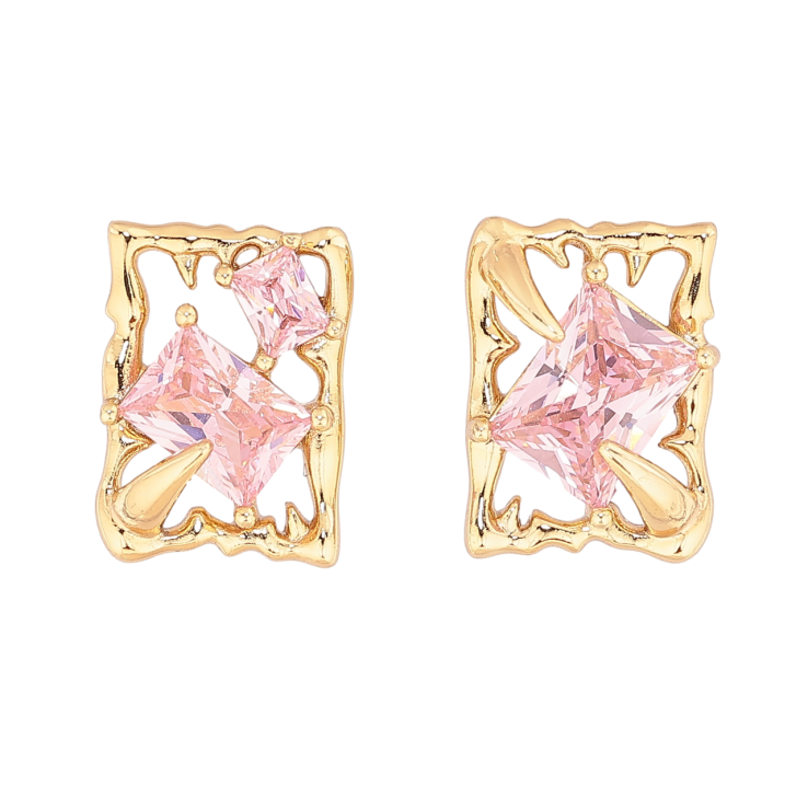 Сережки Xuping колір Позолота 14K пусети Асиметричні прямокутники з рожевими кристалами фото №15