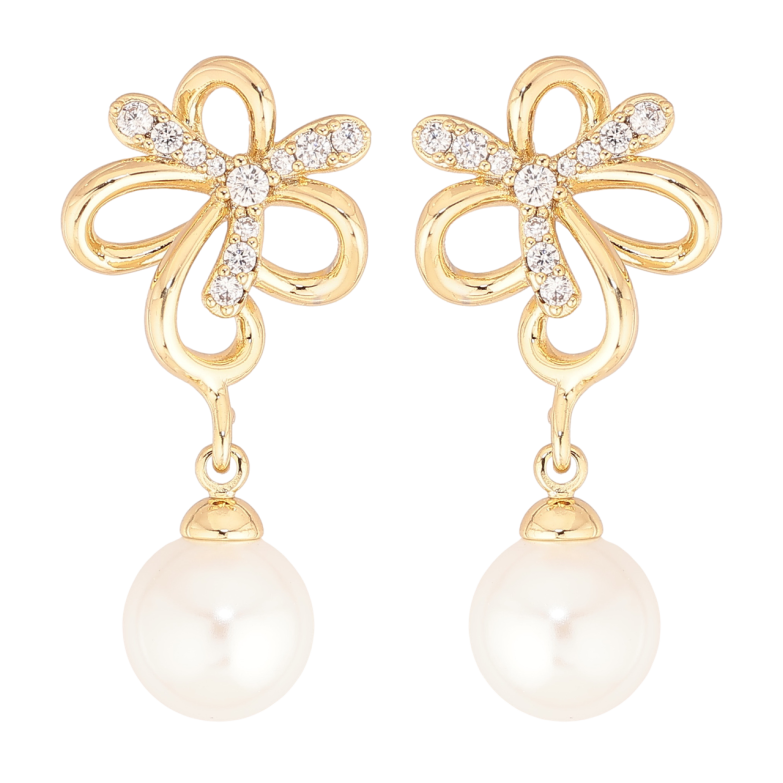 Сережки Xuping колір Позолота 14K пусети Квіточки з перлинними підвісками фото №1
