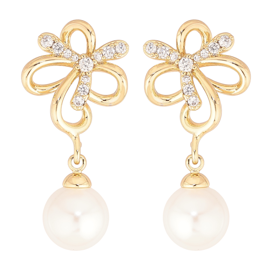 Сережки Xuping колір Позолота 14K пусети Квіточки з перлинними підвісками фото №1