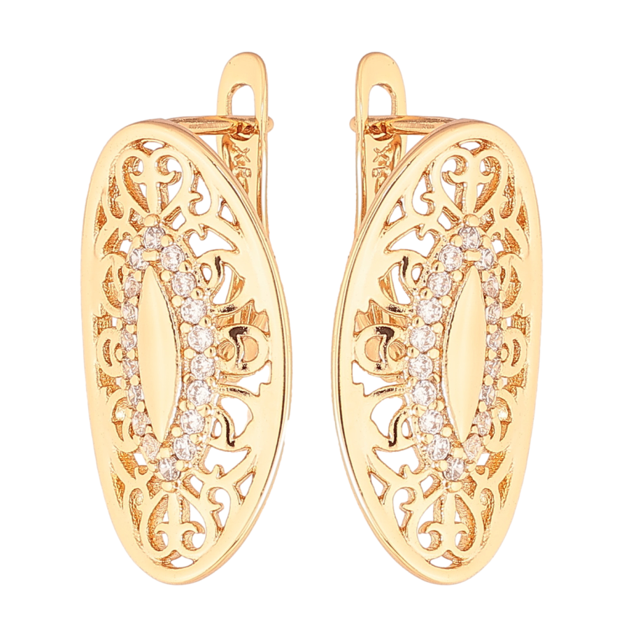 Серьги Xuping Цвет Позолота 18K английский замок Овалы с вензельным узором и кристаллами фото №1 Серьги Xuping Цвет Позолота 18K английский замок Овалы с вензельным узором и кристаллами фото №1