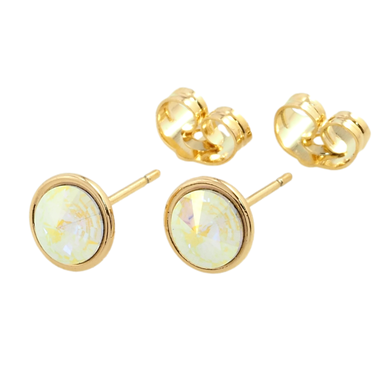 Сережки Xuping колір 18K з кристалами Swarovski пусети Кристал Aurore Boreale в ободковій оправі ø 8мм фото №2 Сережки Xuping колір 18K з кристалами Swarovski пусети Кристал Aurore Boreale в ободковій оправі ø 8мм фото №2