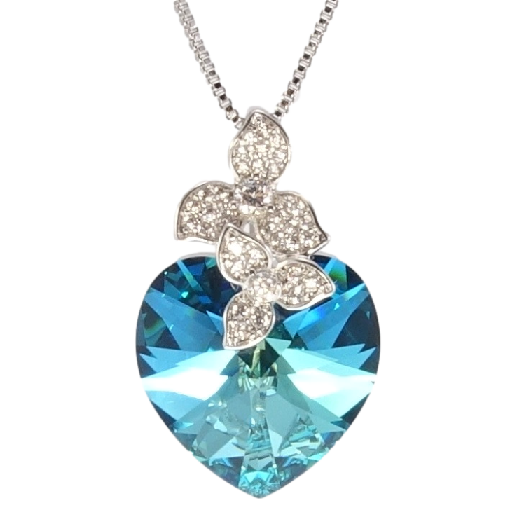Кулон Xuping цвет Родий с кр-ми Swarovski на цепочке Кристальное сердце Metallic Blue с цветочками длина фото №3 Кулон Xuping цвет Родий с кр-ми Swarovski на цепочке Кристальное сердце Metallic Blue с цветочками длина фото №3