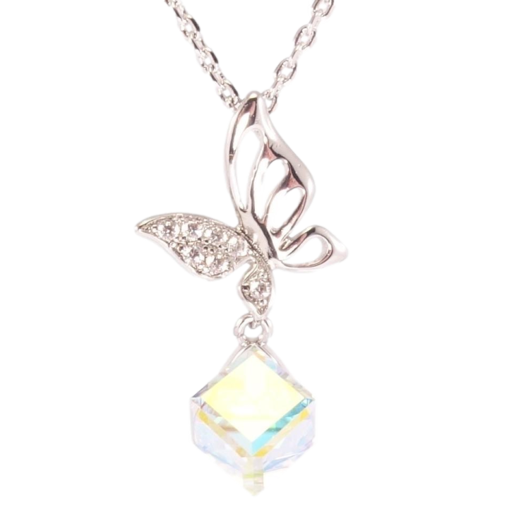 Кулон Xuping цвет Родий с кр-ми Swarovski на цепочке Кристальный куб Shimmer с бабочкой дл. 40-45см х 1мм фото №8