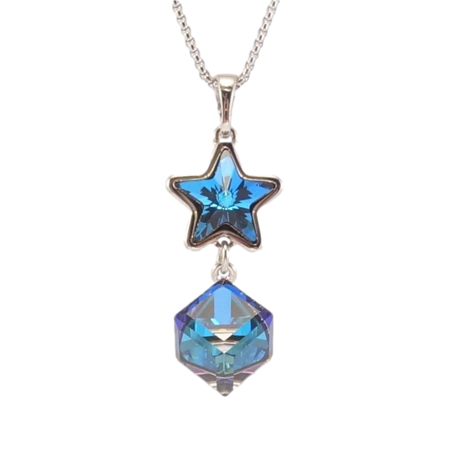 Кулон Xuping колір Родій із кр-ми Swarovski на ланцюжку Зірка з кубом кристал Capri Blue дл. 40-45см х 1мм фото №1 Кулон Xuping колір Родій із кр-ми Swarovski на ланцюжку Зірка з кубом кристал Capri Blue дл. 40-45см х 1мм фото №1