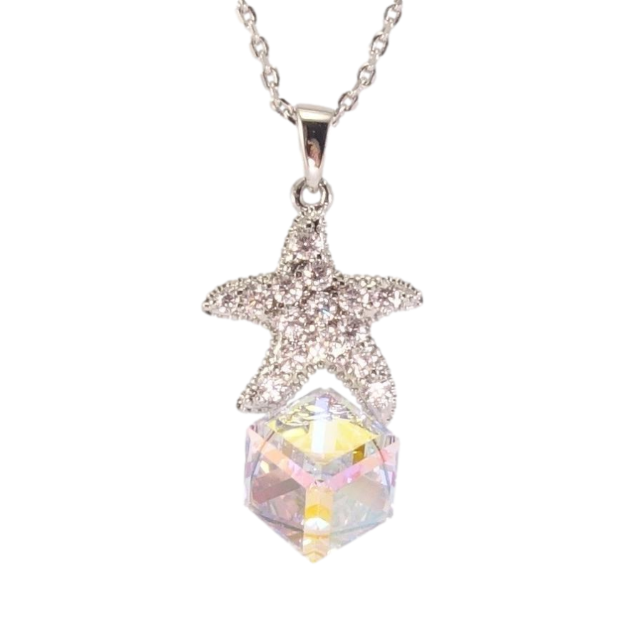 Кулон Xuping колір Родій з кр-ми Swarovski на ланцюжку Кристальний куб Shimmer з морською зіркою дл. 39-44см х 1мм фото №1