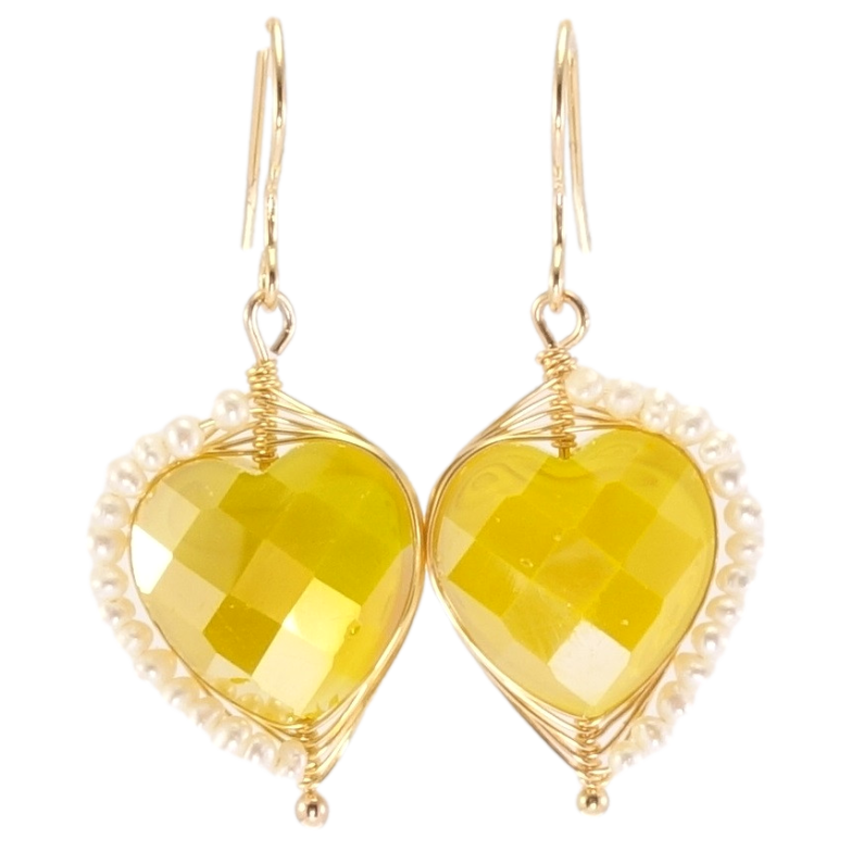 Серьги Xuping Позолота 18K подвески французский замок Желтые сердечки с мелкими жемчужными бусинами фото №1 Серьги Xuping Позолота 18K подвески французский замок Желтые сердечки с мелкими жемчужными бусинами фото №1