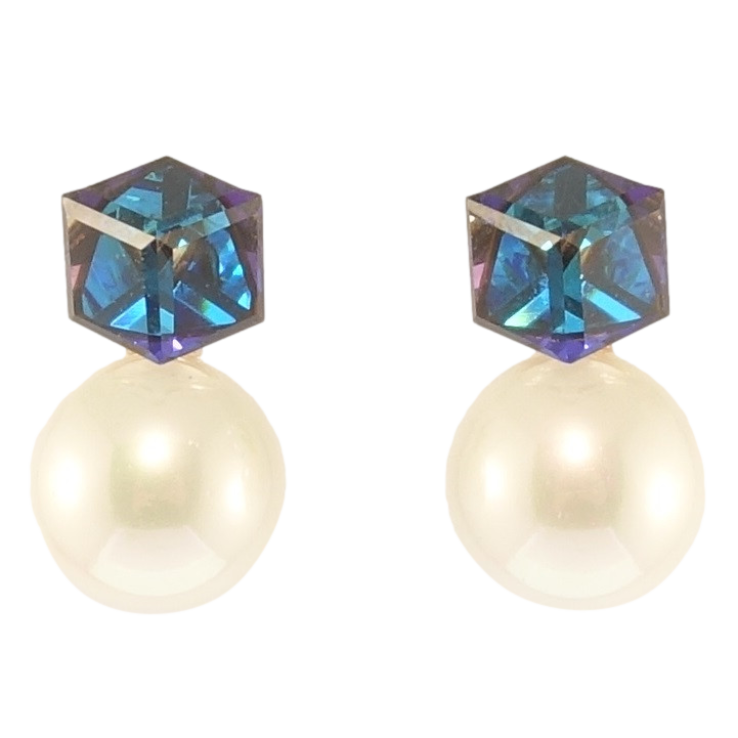 Сережки Xuping колір 18K з кристалами Swarovski пусети Кристальний куб Bermuda Blue з перлами фото №8