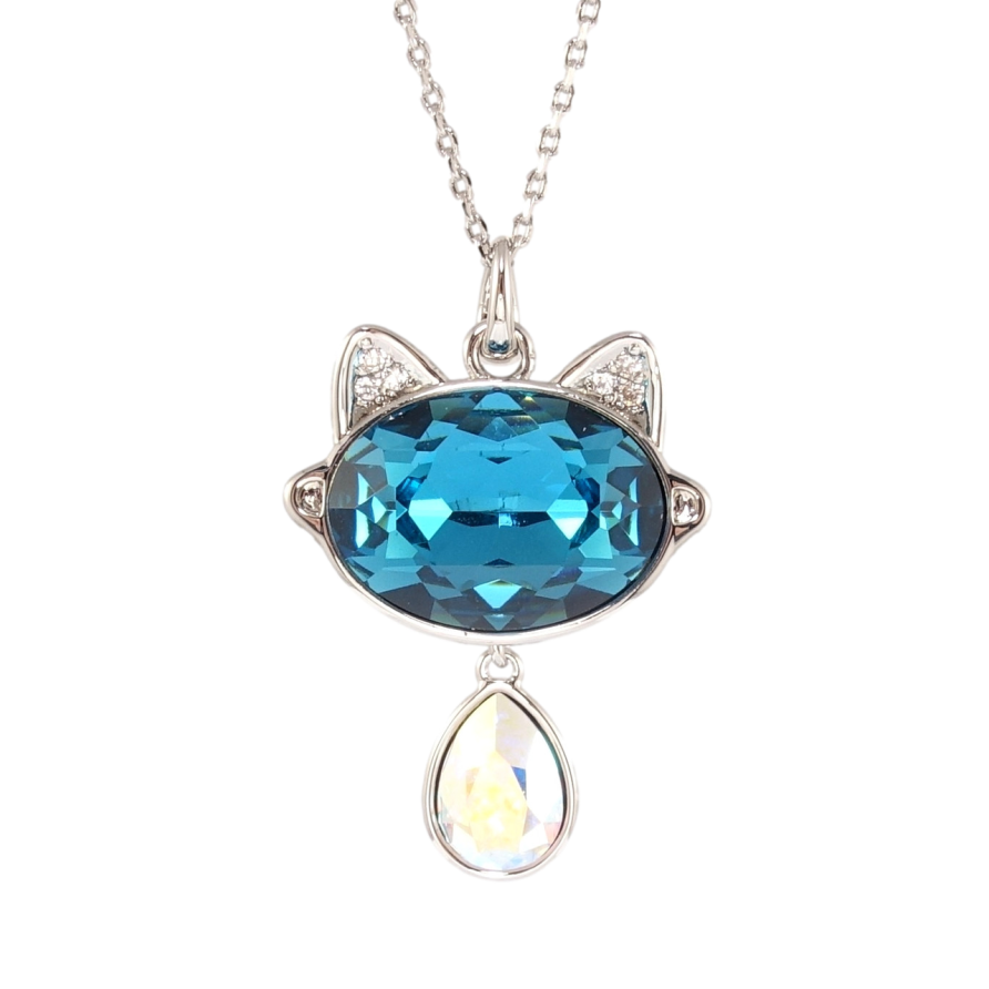 Кулон Xuping колір Родій з кр-ми Swarovski на ланцюжку Кітка з кристалами АВ та Blue Zircon дл. 34,5-39,5см х 1мм фото №1
