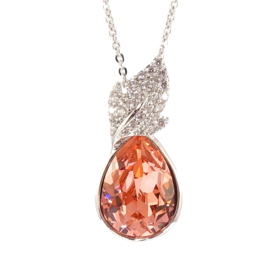 Кулон Xuping цвет Родий с кр-ми Swarovski на цепочке Кристальная капелька Padparadscha с листиком дл. фото №1 Кулон Xuping цвет Родий с кр-ми Swarovski на цепочке Кристальная капелька Padparadscha с листиком дл. фото №1