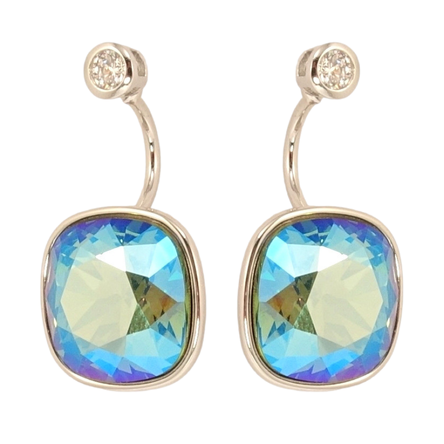 Сережки Xuping колір Родій з кристалами Swarovski пусети-джекети Кристали Blue Zircon Shimmer на дужках 14х14мм фото №1