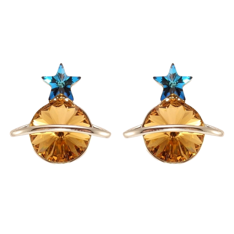 Сережки Xuping колір Родій з кристалами Swarovski пусети Сатурн кристали Copper та Capri Blue фото №2 Сережки Xuping колір Родій з кристалами Swarovski пусети Сатурн кристали Copper та Capri Blue фото №2