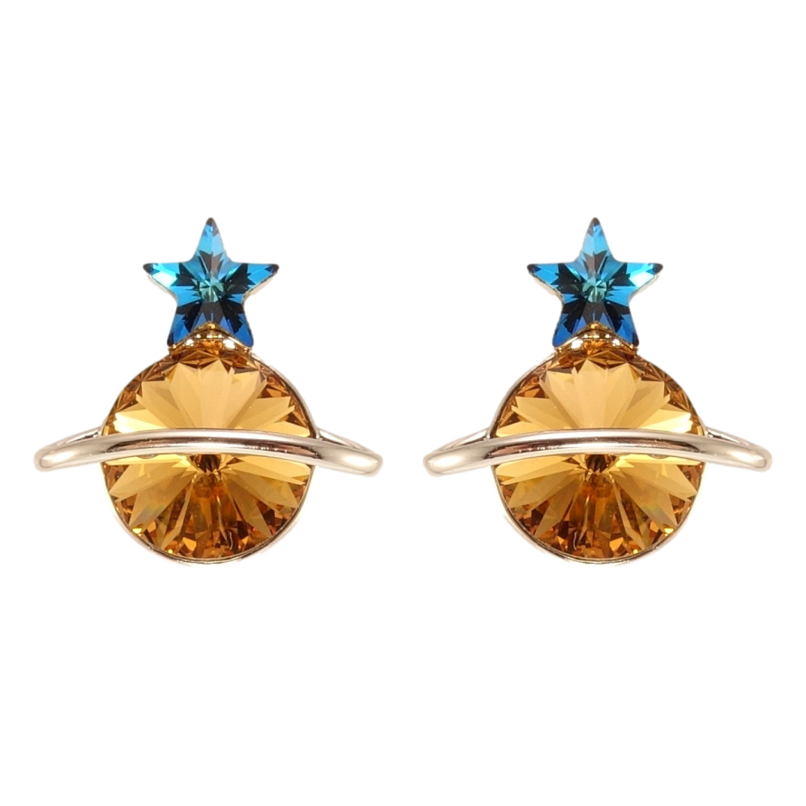 Серьги Xuping цвет Родий с кристаллами Swarovski пусеты Сатурн кристаллы Copper и Capri Blue фото №1 Серьги Xuping цвет Родий с кристаллами Swarovski пусеты Сатурн кристаллы Copper и Capri Blue фото №1