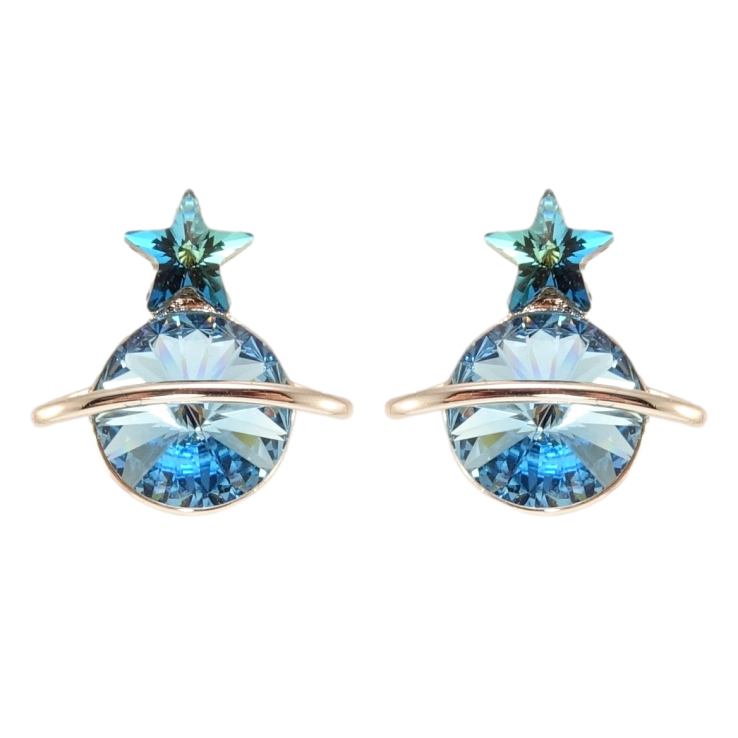 Сережки Xuping колір Родій з кристалами Swarovski пусети Сатурн кристали Aquamarine та Capri Blue фото №6