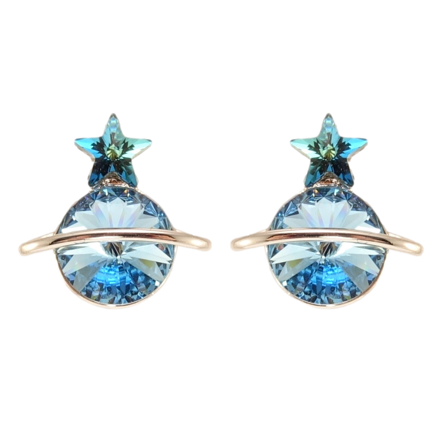 Сережки Xuping колір Родій з кристалами Swarovski пусети Сатурн кристали Aquamarine та Capri Blue фото №1 Сережки Xuping колір Родій з кристалами Swarovski пусети Сатурн кристали Aquamarine та Capri Blue фото №1