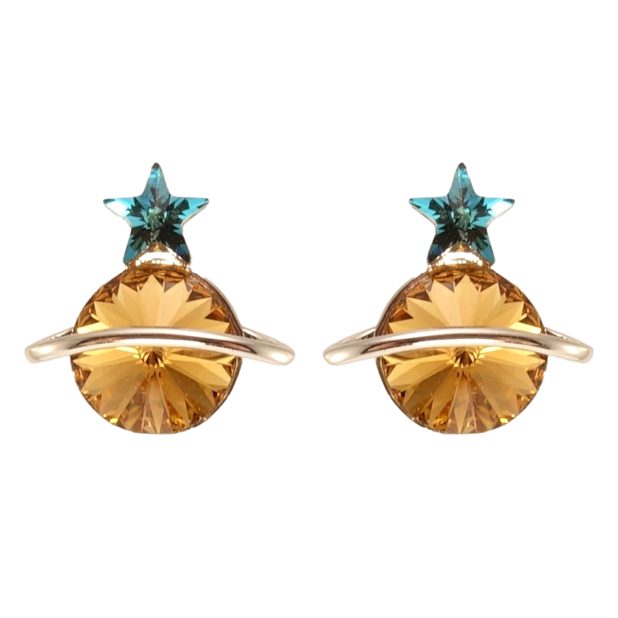 Сережки Xuping колір Родій з кристалами Swarovski пусети Сатурн кристали Copper та Metallic Blue фото №1 Сережки Xuping колір Родій з кристалами Swarovski пусети Сатурн кристали Copper та Metallic Blue фото №1
