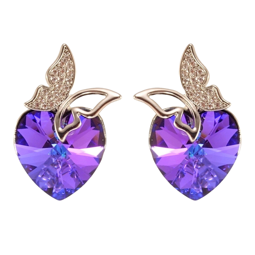Сережки Xuping колір Родій з кристалами Swarovski пусети Сердечка Cobalt з метеликами фото №1