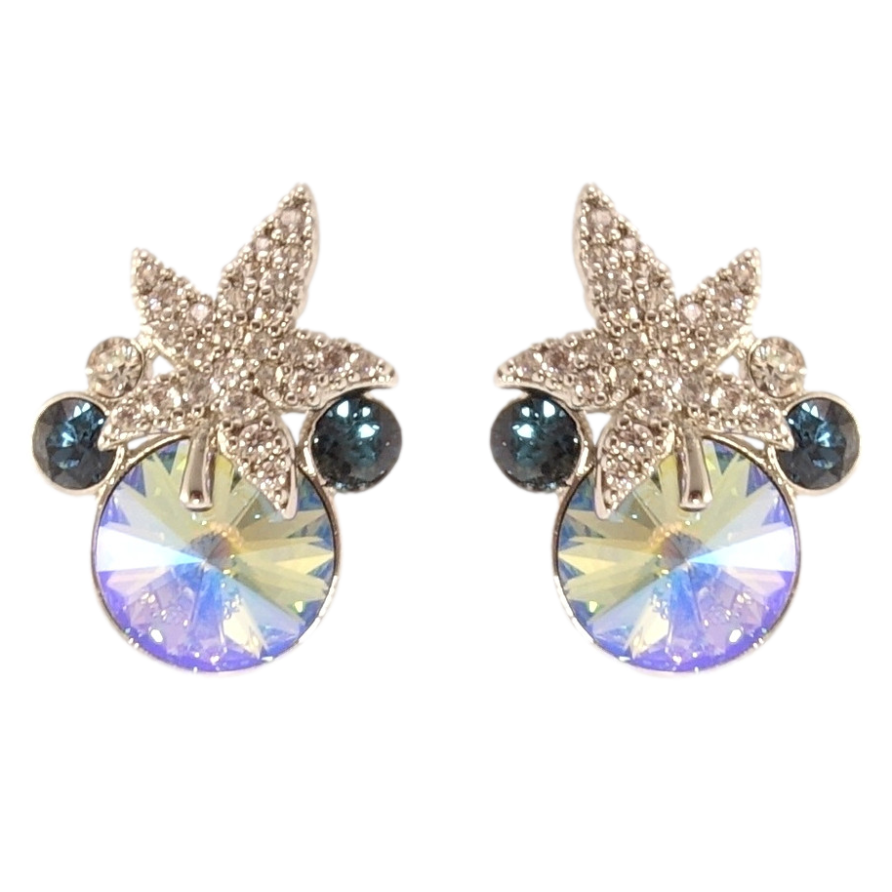 Серьги Xuping цвет Родий с кристаллами Swarovski пусеты Кристаллы Montana и Luminous Green с листом фото №1