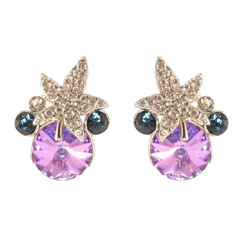Серьги Xuping цвет Родий с кристаллами Swarovski пусеты Кристаллы Montana и Heliotrope с листом фото №1 Серьги Xuping цвет Родий с кристаллами Swarovski пусеты Кристаллы Montana и Heliotrope с листом фото №1
