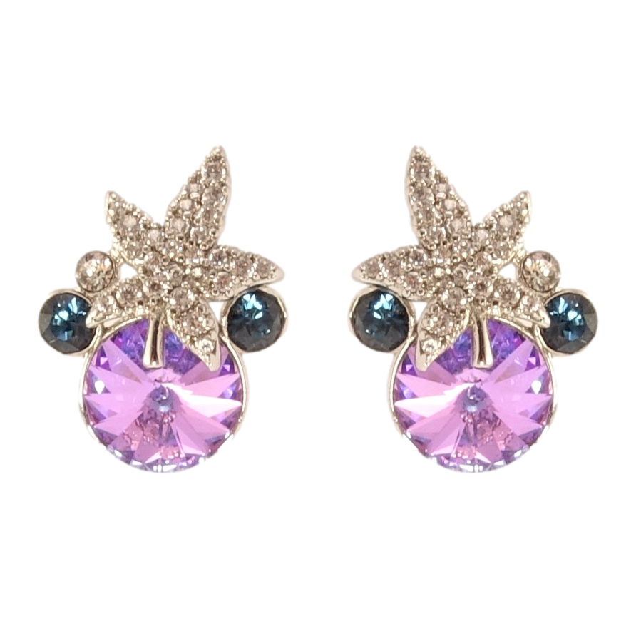 Серьги Xuping цвет Родий с кристаллами Swarovski пусеты Кристаллы Montana и Heliotrope с листом фото №1 Серьги Xuping цвет Родий с кристаллами Swarovski пусеты Кристаллы Montana и Heliotrope с листом фото №1