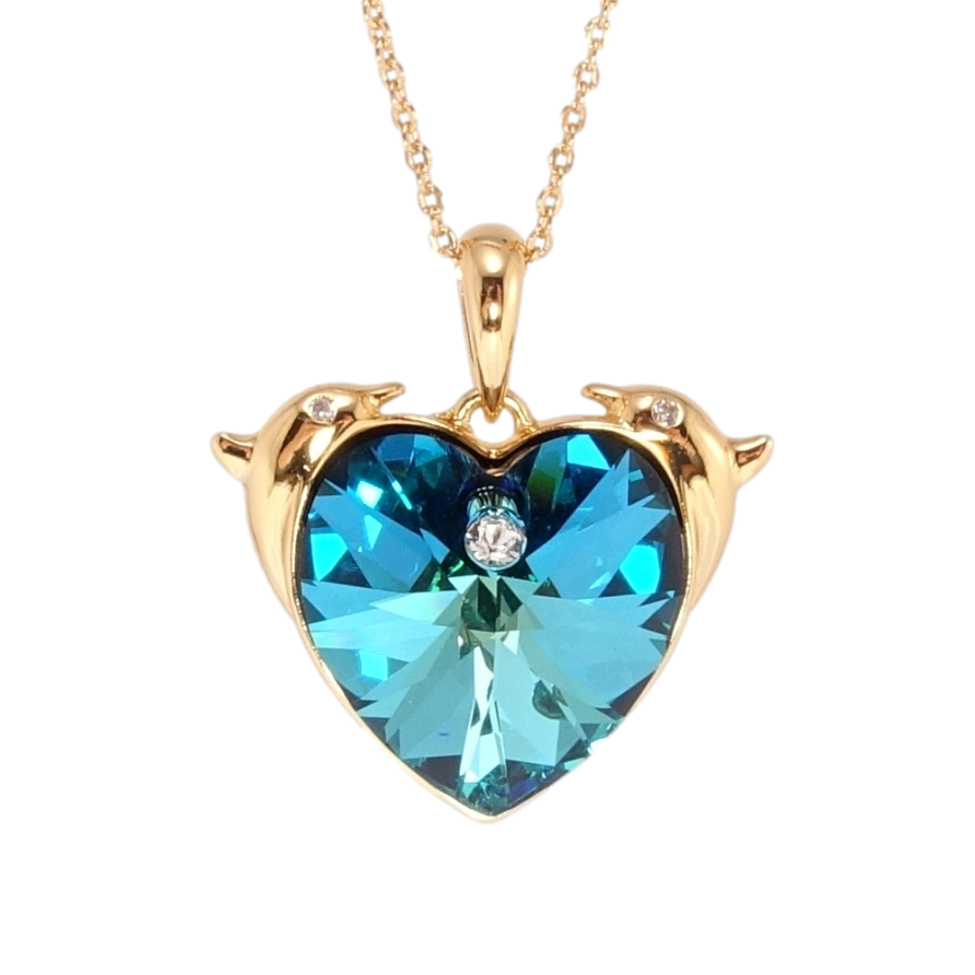 Кулон Xuping цвет 18K с кр-ми Swarovski на цепочке Сердце Metallic Blue с дельфинами дл. 39-44см х 1мм фото №1 Кулон Xuping цвет 18K с кр-ми Swarovski на цепочке Сердце Metallic Blue с дельфинами дл. 39-44см х 1мм фото №1