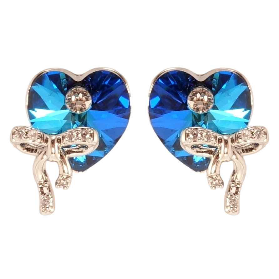 Серьги Xuping цвет Родий с кристаллами Swarovski пусеты Сердечки Capri Blue с бантами фото №1 Серьги Xuping цвет Родий с кристаллами Swarovski пусеты Сердечки Capri Blue с бантами фото №1