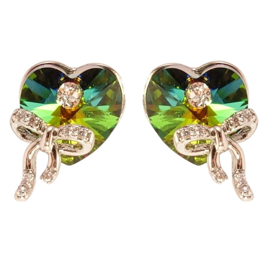 Серьги Xuping цвет Родий с кристаллами Swarovski пусеты Сердечки Vitrail Medium с бантами фото №1 Серьги Xuping цвет Родий с кристаллами Swarovski пусеты Сердечки Vitrail Medium с бантами фото №1