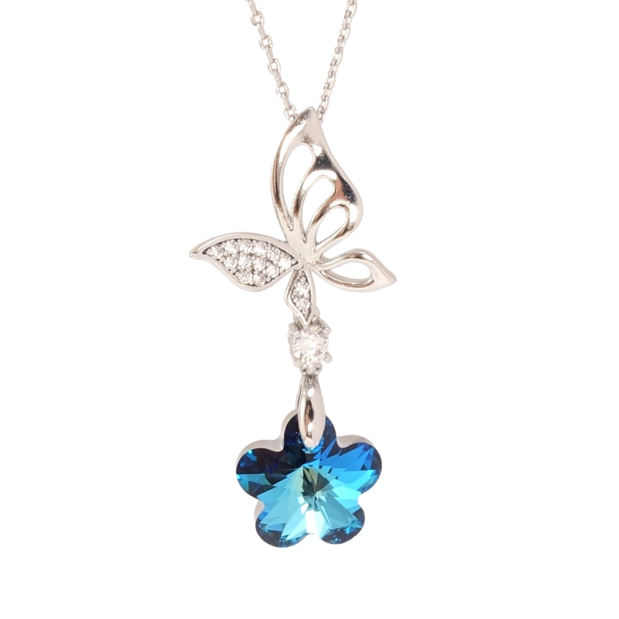 Кулон Xuping цвет Родий с кр-ми Swarovski на цепочке Бабочка с цветочком Capri Blue длина 40-45см х 1мм фото №1 Кулон Xuping цвет Родий с кр-ми Swarovski на цепочке Бабочка с цветочком Capri Blue длина 40-45см х 1мм фото №1