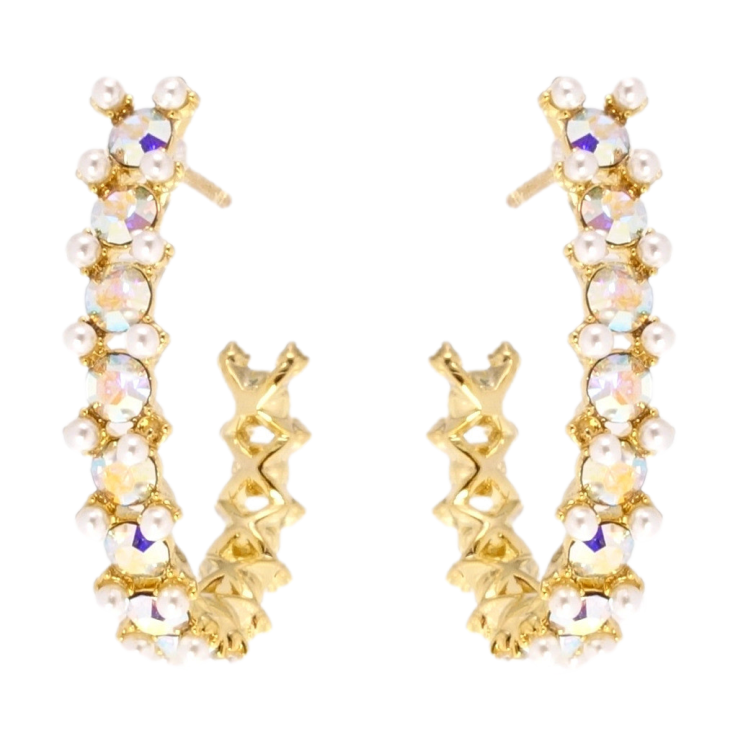 Серьги Xuping QQMM Позолота 14K пусеты Дуги с дорожками радужных кристаллов и жемчужинками фото №3