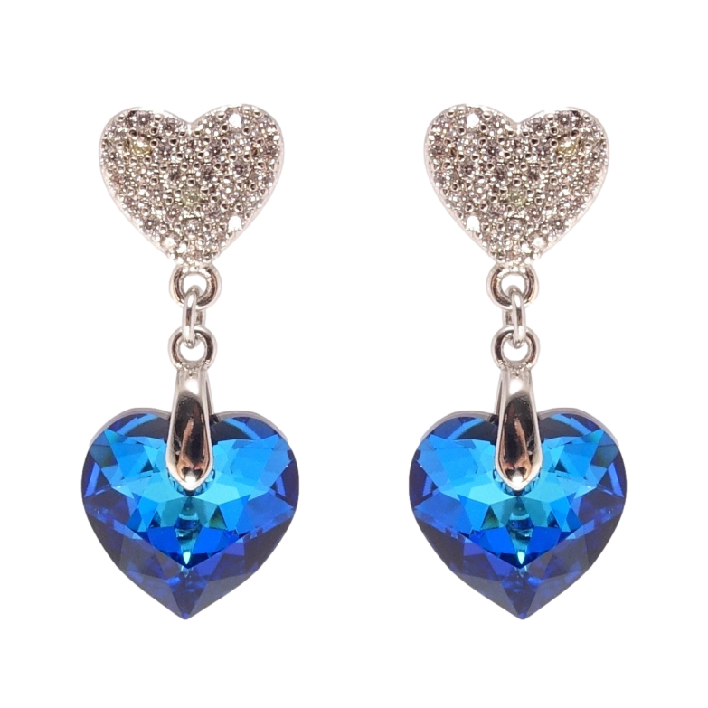 Сережки Xuping колір Родій з кристалами Swarovski пусети Сердечки з кристалом Bermuda Blue фото №3