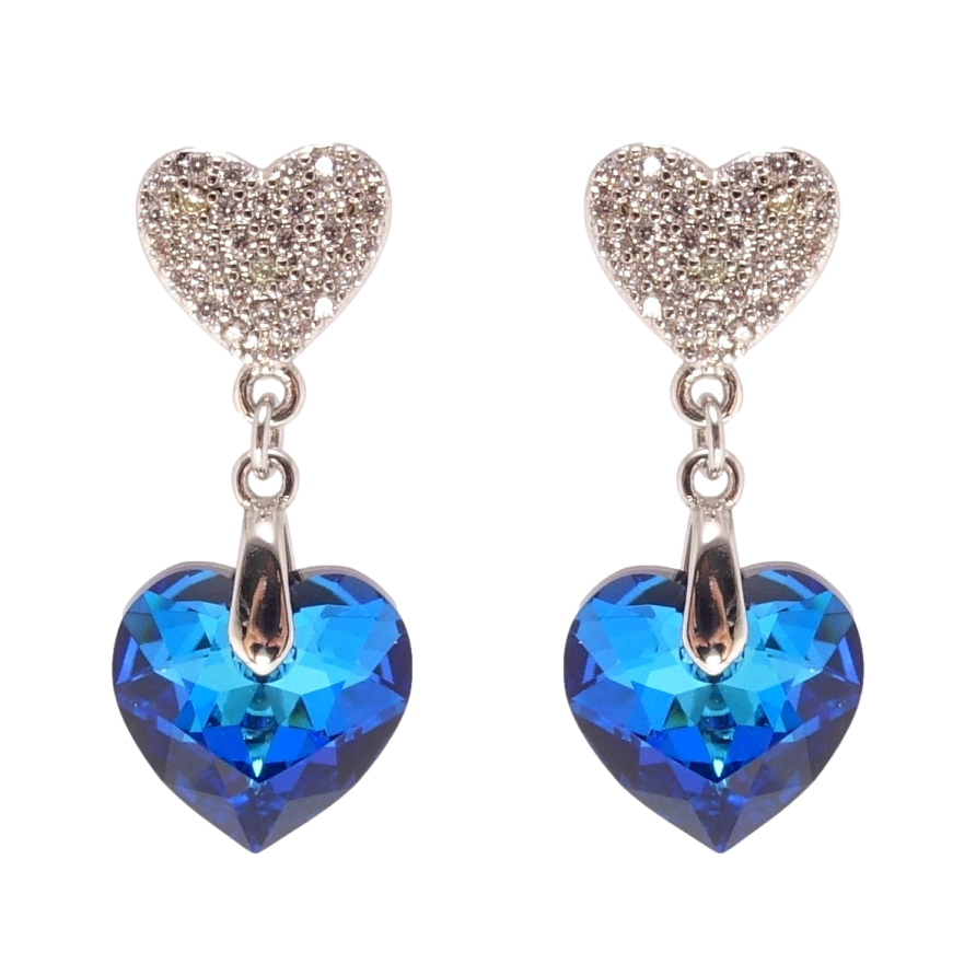 Серьги Xuping цвет Родий с кристаллами Swarovski пусеты Сердечки с кристаллом Bermuda Blue фото №1