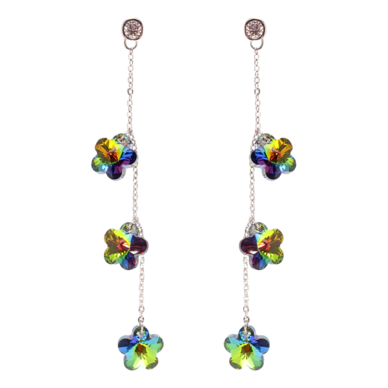 Серьги Xuping цвет Родий с кристаллами Swarovski пусеты Кристальные цветочки Vitrail Medium на цепочке фото №6