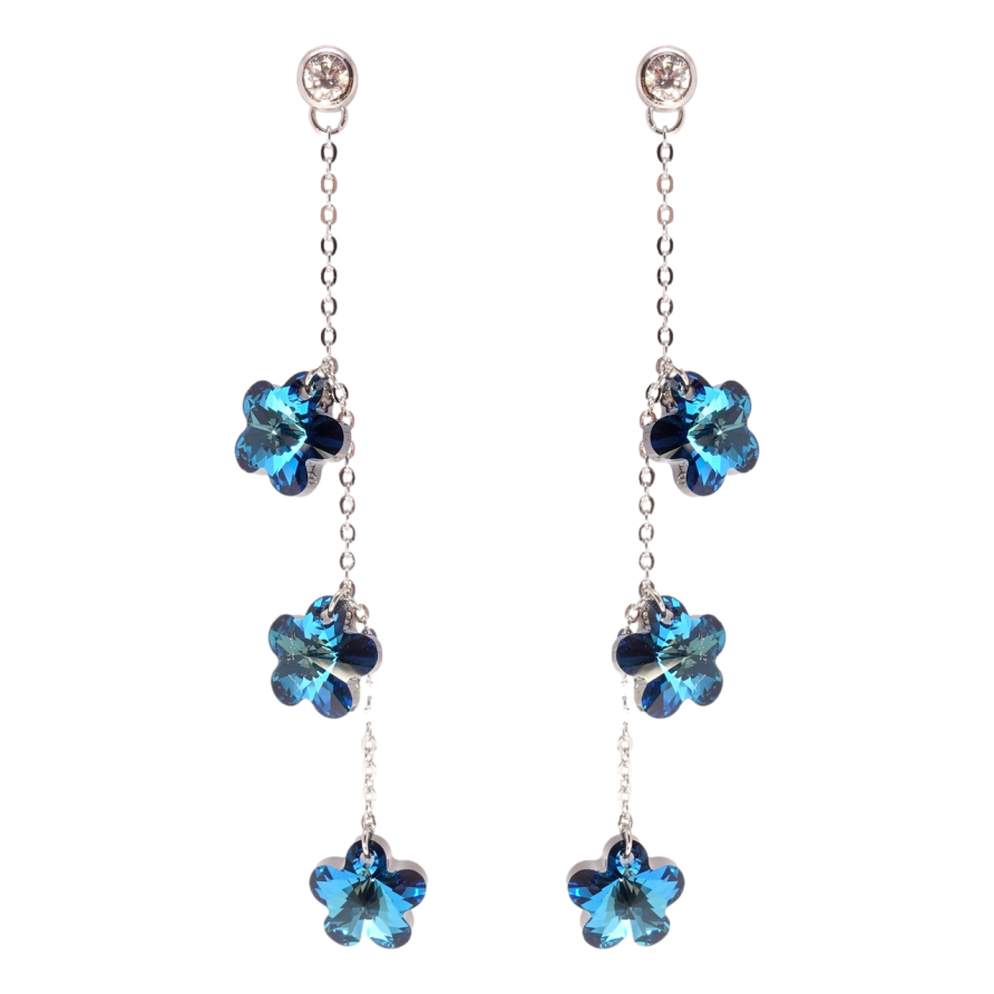 Сережки Xuping колір Родій з кристалами Swarovski пусети Кристальні квіточки Bermuda Blue на ланцюжку фото №1 Сережки Xuping колір Родій з кристалами Swarovski пусети Кристальні квіточки Bermuda Blue на ланцюжку фото №1