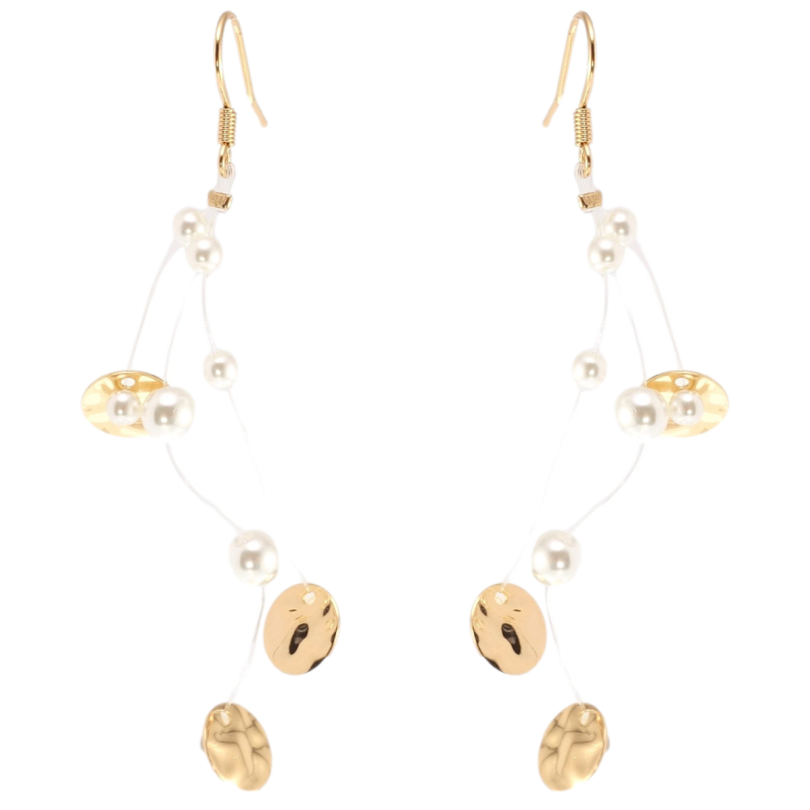 Серьги Xuping Позолота 18K подвески французский замок Жемчужные бусины с золотистыми кругами на леске фото №1 Серьги Xuping Позолота 18K подвески французский замок Жемчужные бусины с золотистыми кругами на леске фото №1