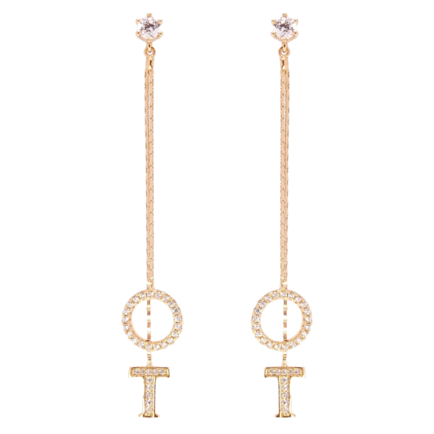 Серьги Xuping Позолота 18K пусеты Буква Т с колечком на цепочках фото №1 Серьги Xuping Позолота 18K пусеты Буква Т с колечком на цепочках фото №1