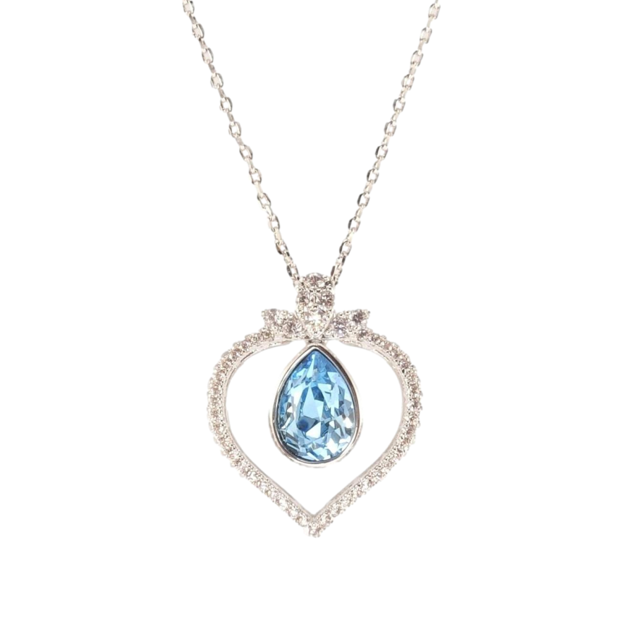 Кулон Xuping колір Родій з кр-ми Swarovski на ланцюжку Крапелька Aquamarine в обрамленні серця дл.40см х 1мм фото №1 Кулон Xuping колір Родій з кр-ми Swarovski на ланцюжку Крапелька Aquamarine в обрамленні серця дл.40см х 1мм фото №1