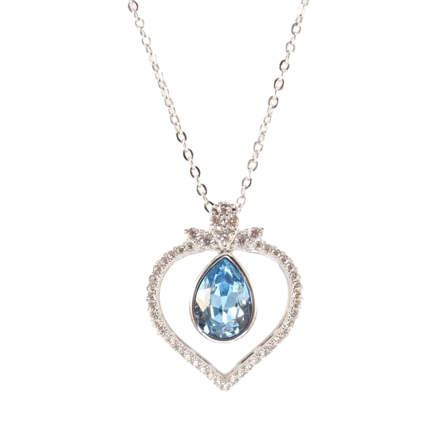Кулон Xuping колір Родій з кр-ми Swarovski на ланцюжку Крапелька Aquamarine в обрамленні серця дл.42-46см х 1мм фото №1