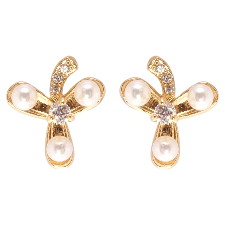 Серьги Xuping Позолота 18K пусеты Цветочки с цирконием и жемчугом фото №1 Серьги Xuping Позолота 18K пусеты Цветочки с цирконием и жемчугом фото №1