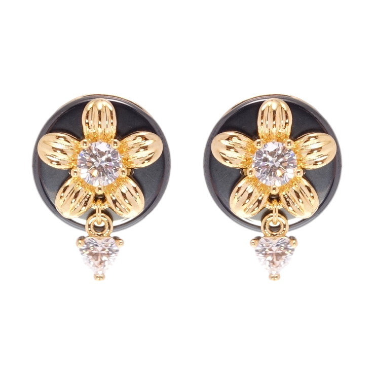 Сережки Xuping Позолота 18K пусети Квіточки на чорній кераміці фото №2