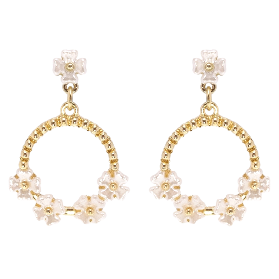 Сережки Xuping QQMM Позолота 14K пусети колечки з перламутровими квіточками фото №1 Сережки Xuping QQMM Позолота 14K пусети колечки з перламутровими квіточками фото №1