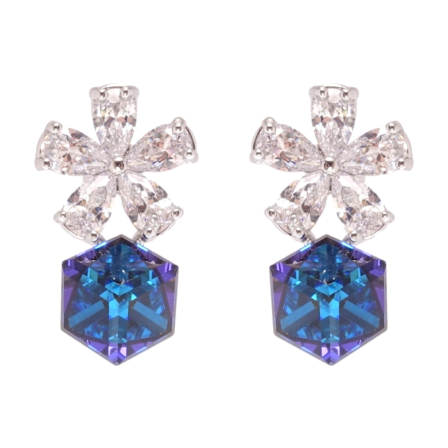 Сережки Xuping колір Родій з кристалами Swarovski пусети Кристальні квіточки з кубиком Capri Blue фото №1 Сережки Xuping колір Родій з кристалами Swarovski пусети Кристальні квіточки з кубиком Capri Blue фото №1