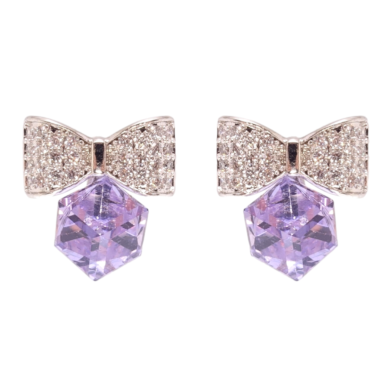 Сережки Xuping колір Родій з кристалами Swarovski пусети Кристальні кубики Tanzanite на бантах фото №3