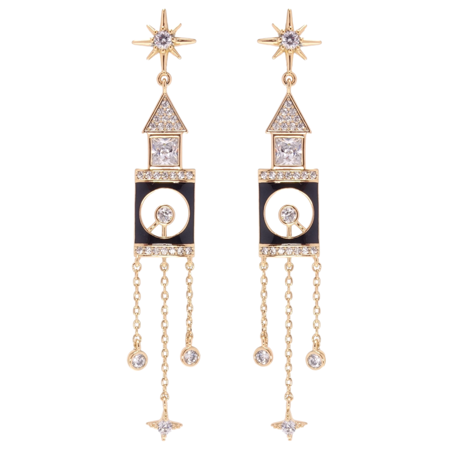 Сережки Xuping QQMM Позолота 18K пусети Вежі з годинником фото №1 Сережки Xuping QQMM Позолота 18K пусети Вежі з годинником фото №1