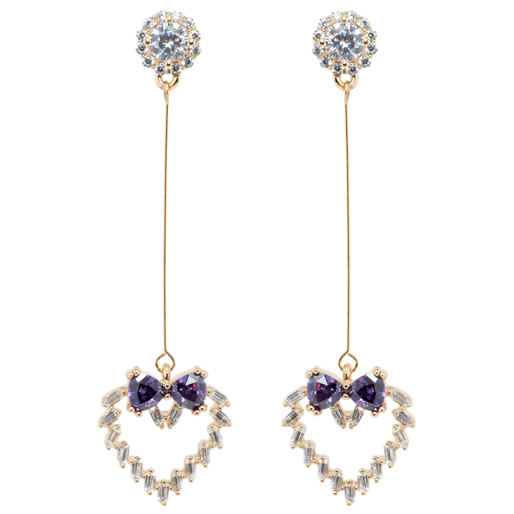 Серьги Xuping Позолота 18K пусеты Кристальные сердечки с бантами из сиреневых фианитов фото №2