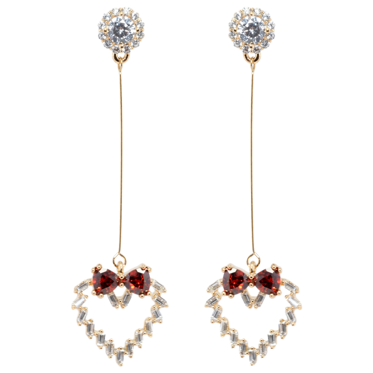 Серьги Xuping Позолота 18K пусеты Кристальные сердечки с бантами из красных фианитов фото №5