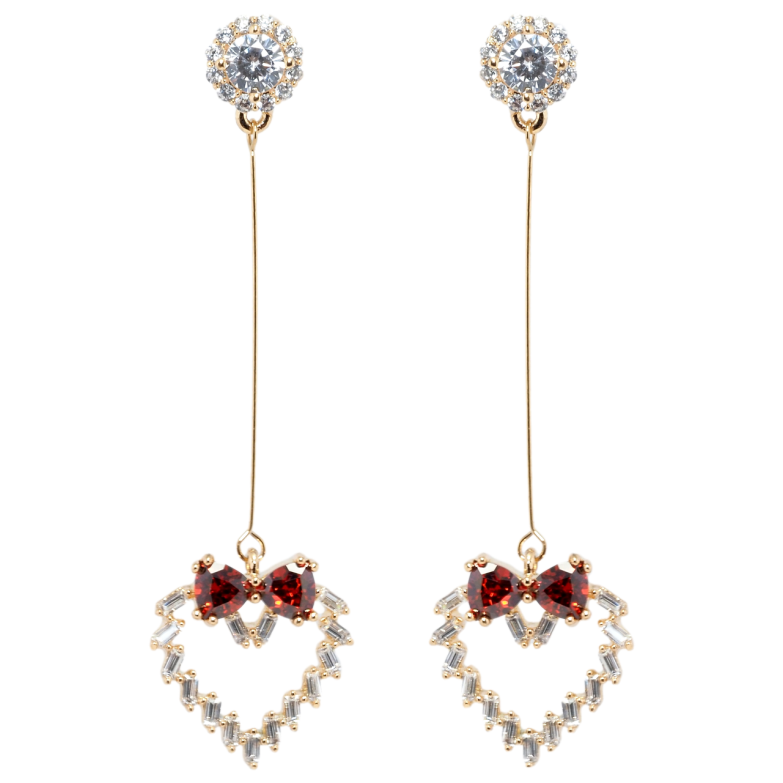 Серьги Xuping Позолота 18K пусеты Кристальные сердечки с бантами из красных фианитов фото №1